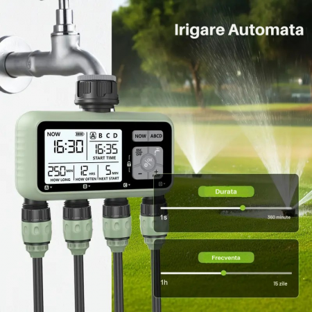Programator Irigare Grădină pentru 4 Zone – Alimentare pe Baterii, Compatibil 3/4”, Display LCD