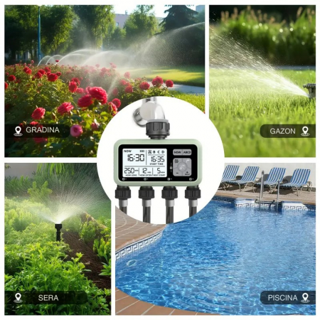 Programator Irigare Grădină pentru 4 Zone – Alimentare pe Baterii, Compatibil 3/4”, Display LCD