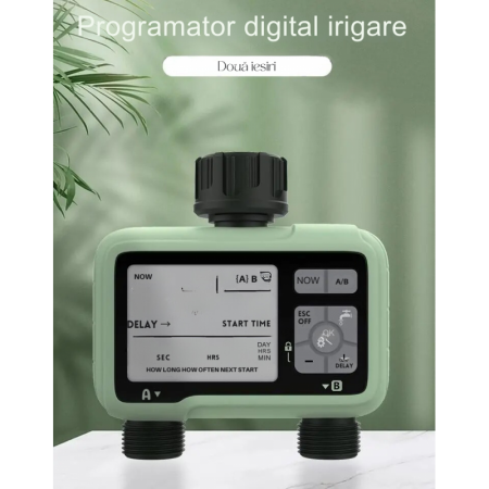 Programator pentru irigare/udare, 2 zone, IPX4, conector alamă, gazon, gradină