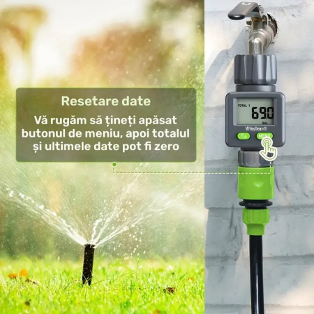 Apometru digital de apă pentru irigat, afișaj LCD, compatibil furtun grădină, 3/4" si 1", măsurare volum apă în litri și galoane
