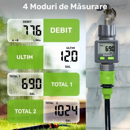 Apometru digital de apă pentru irigat, afișaj LCD, compatibil furtun grădină, 3/4" si 1", măsurare volum apă în litri și galoane