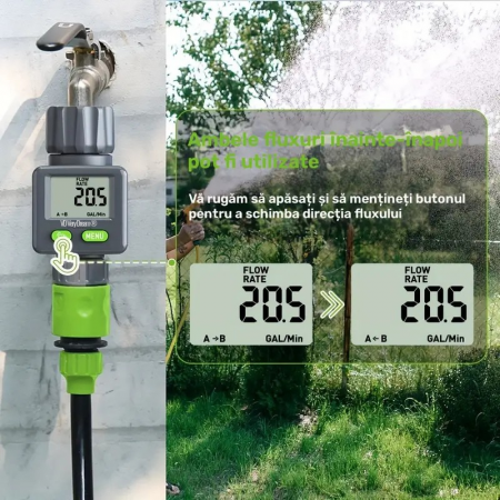 Apometru digital de apă pentru irigat, afișaj LCD, compatibil furtun grădină, 3/4" si 1", măsurare volum apă în litri și galoane
