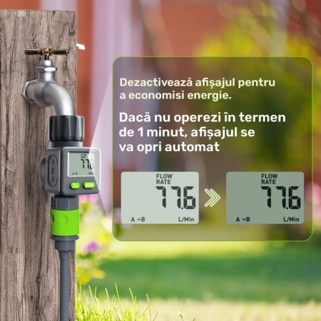 Apometru digital de apă pentru irigat, afișaj LCD, compatibil furtun grădină, 3/4" si 1", măsurare volum apă în litri și galoane