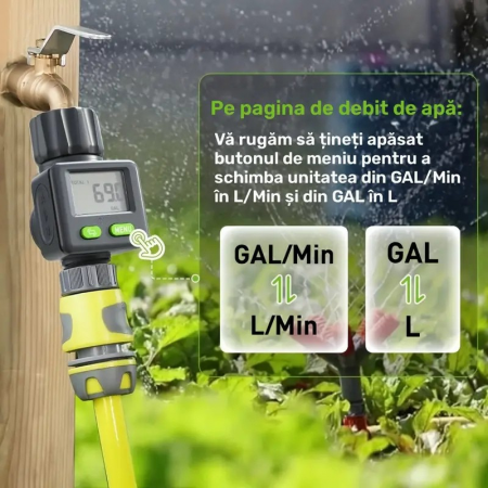 Apometru digital de apă pentru irigat, afișaj LCD, compatibil furtun grădină, 3/4" si 1", măsurare volum apă în litri și galoane