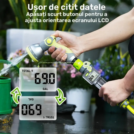 Apometru digital de apă pentru irigat, afișaj LCD, compatibil furtun grădină, 3/4" si 1", măsurare volum apă în litri și galoane