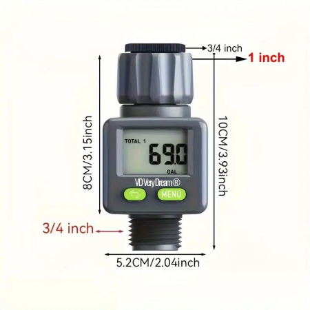 Apometru digital de apă pentru irigat, afișaj LCD, compatibil furtun grădină, 3/4" si 1", măsurare volum apă în litri și galoane