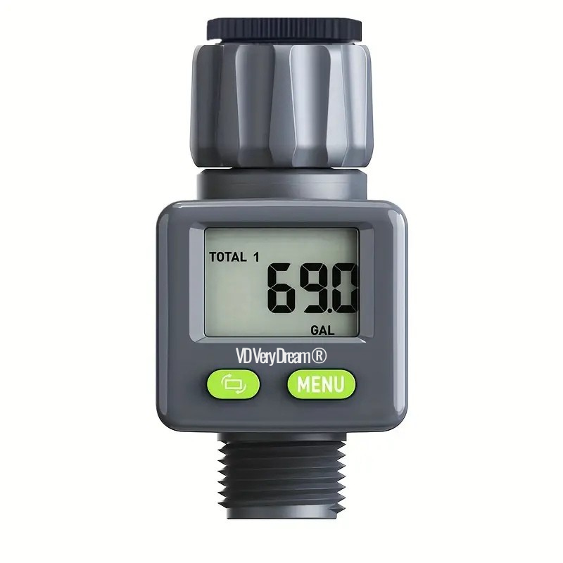 Apometru digital de apă pentru irigat, afișaj LCD, compatibil furtun grădină, 3/4" si 1", măsurare volum apă în litri și galoane