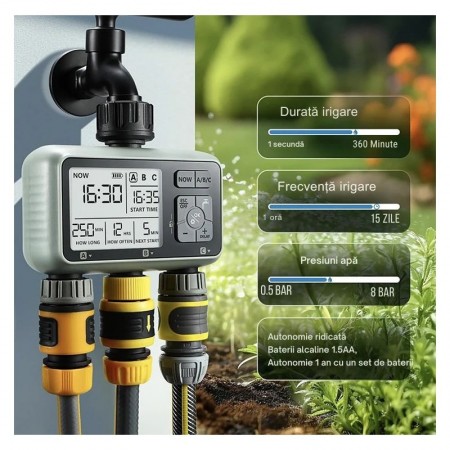 Programator pentru irigare/udare, 3 zone, IPX4, conector alamă, gazon, gradină