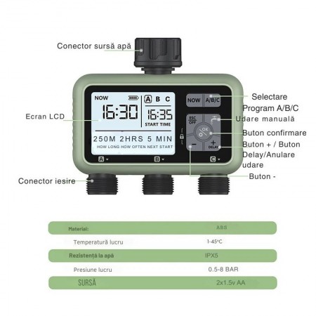 Programator pentru irigare/udare, 3 zone, IPX4, conector alamă, gazon, gradină