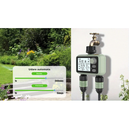 Programator irigatii, 2 zone, cu senzor de ploaie inteligent, temporizator digital pentru gradina si gazon
