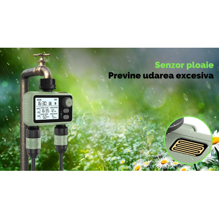 Programator irigatii, 2 zone, cu senzor de ploaie inteligent, temporizator digital pentru gradina si gazon